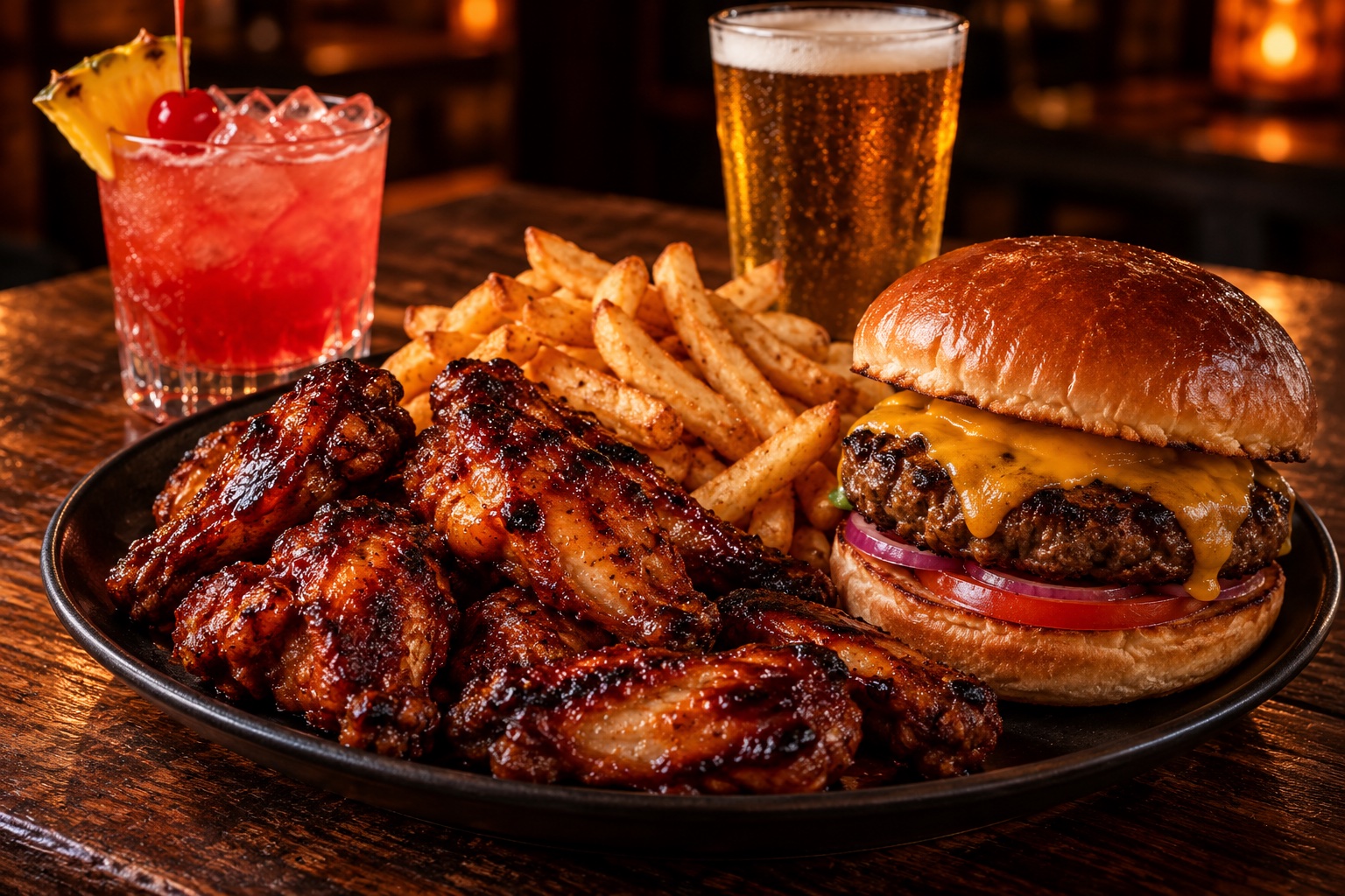 Illustrative bar-and-grill spread with barbecue wings, a cheeseburger, fries, a cocktail, and beer