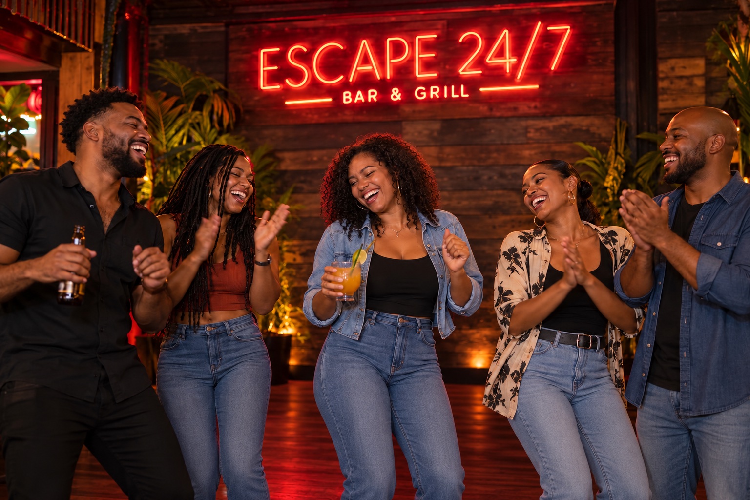 Generated scene of adult friends celebrating in a wooden bar beneath an Escape 24/7 Bar & Grill neon sign