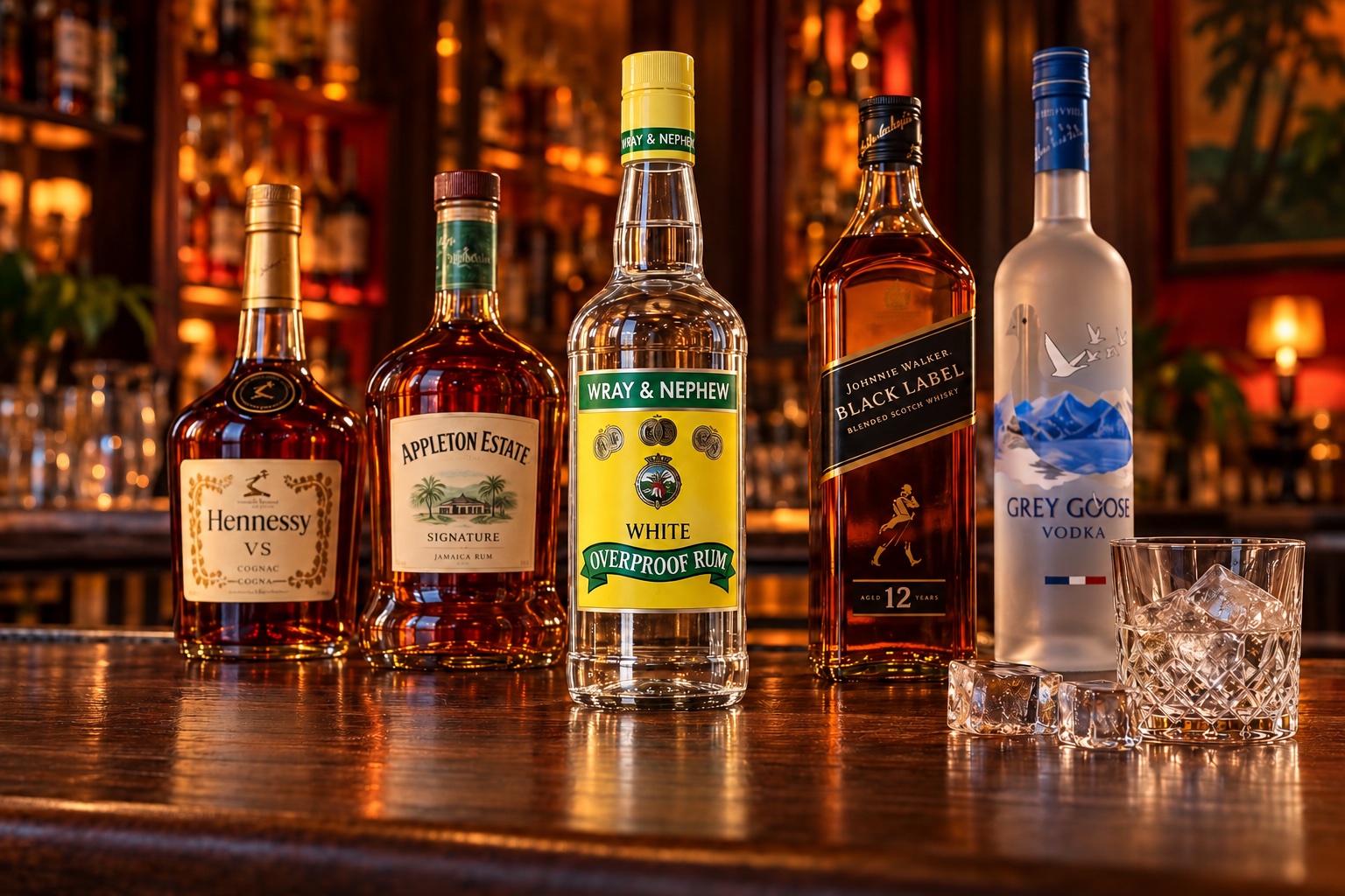 Generated liquor display featuring Wray & Nephew White Overproof Rum, Appleton Estate, Hennessy, Johnnie Walker, and Grey Goose